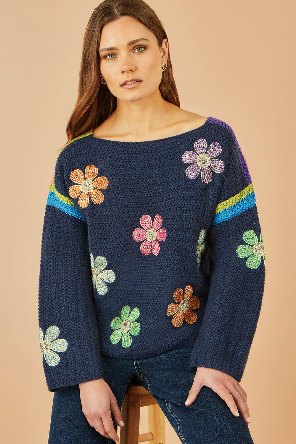 Yumi Navy Crochet Flower Jumper | Yumi