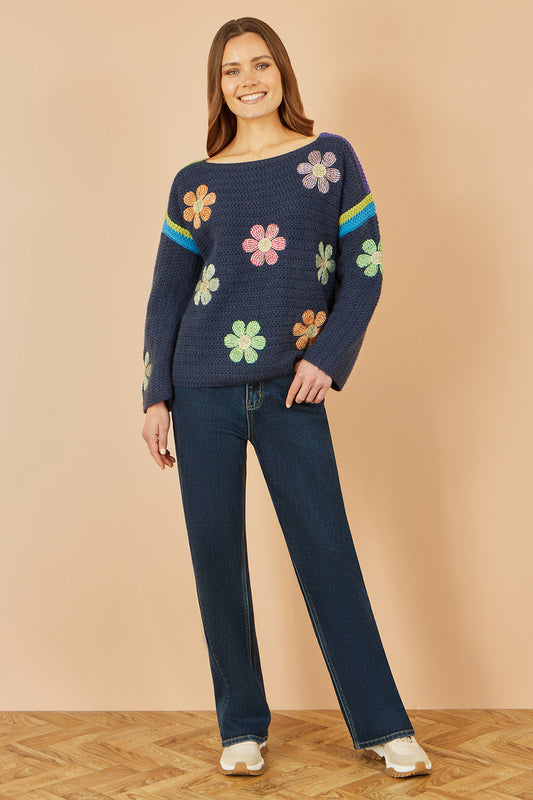 Yumi Navy Crochet Flower Jumper Knit Jumper Yumi