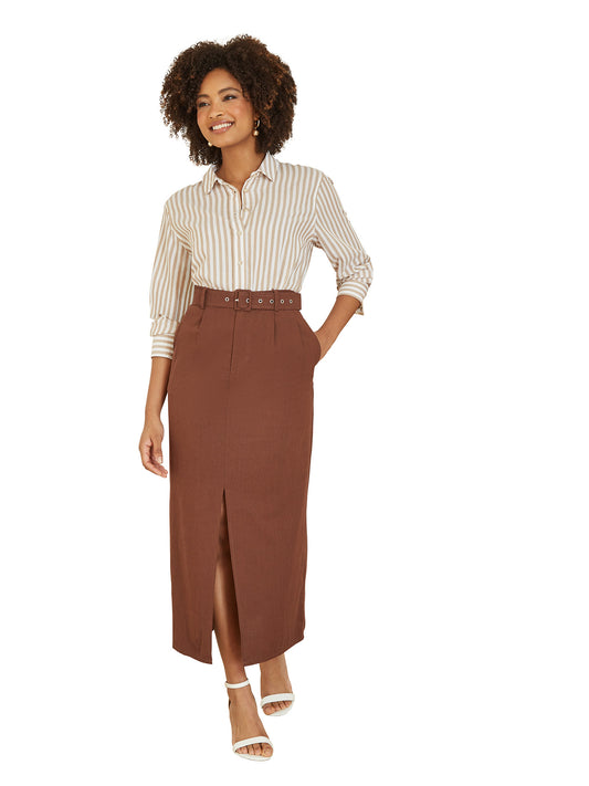 Yumi Brown Cotton Midi Skirt With Belt And Split Hem Yumi