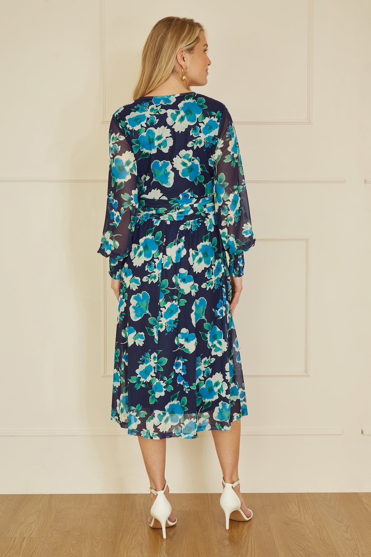 Yumi Blue Floral Mesh Wrap Dress With Long Sleeves Yumi