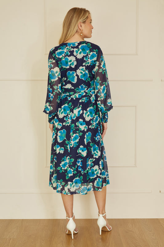 Yumi Blue Floral Mesh Wrap Dress With Long Sleeves Yumi