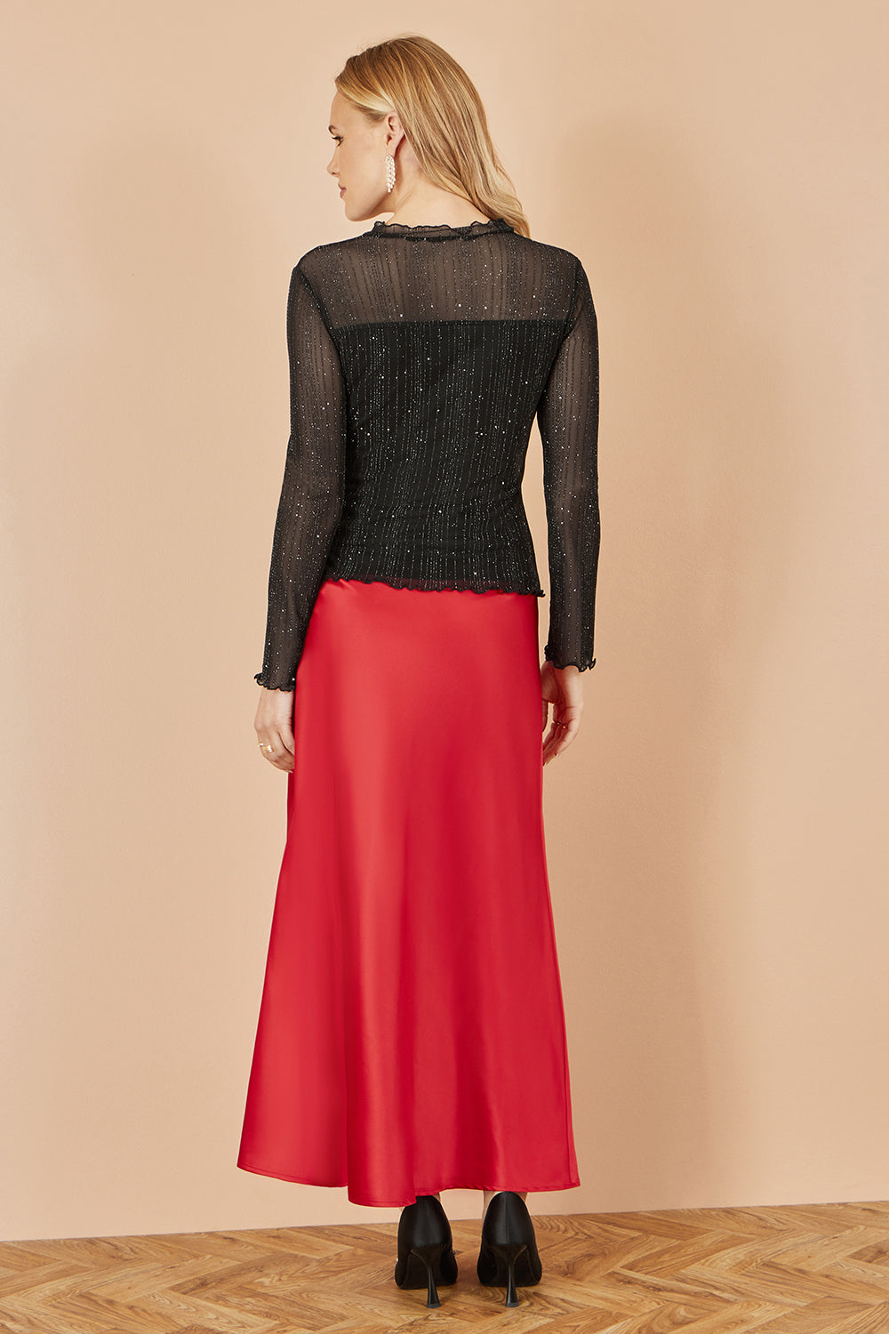 Yumi Red Satin Midi Skirt Skirts Yumi