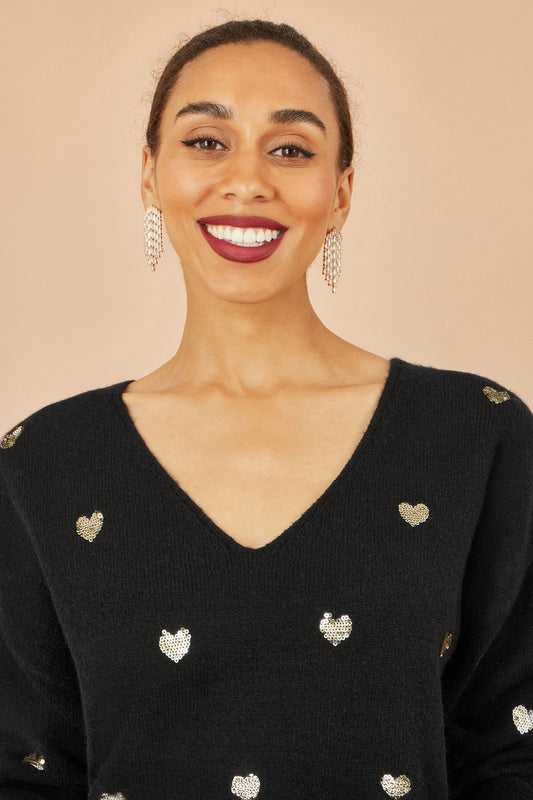 Yumi Black Sequin Heart V Neck Jumper Knit Xmas Jumper Yumi