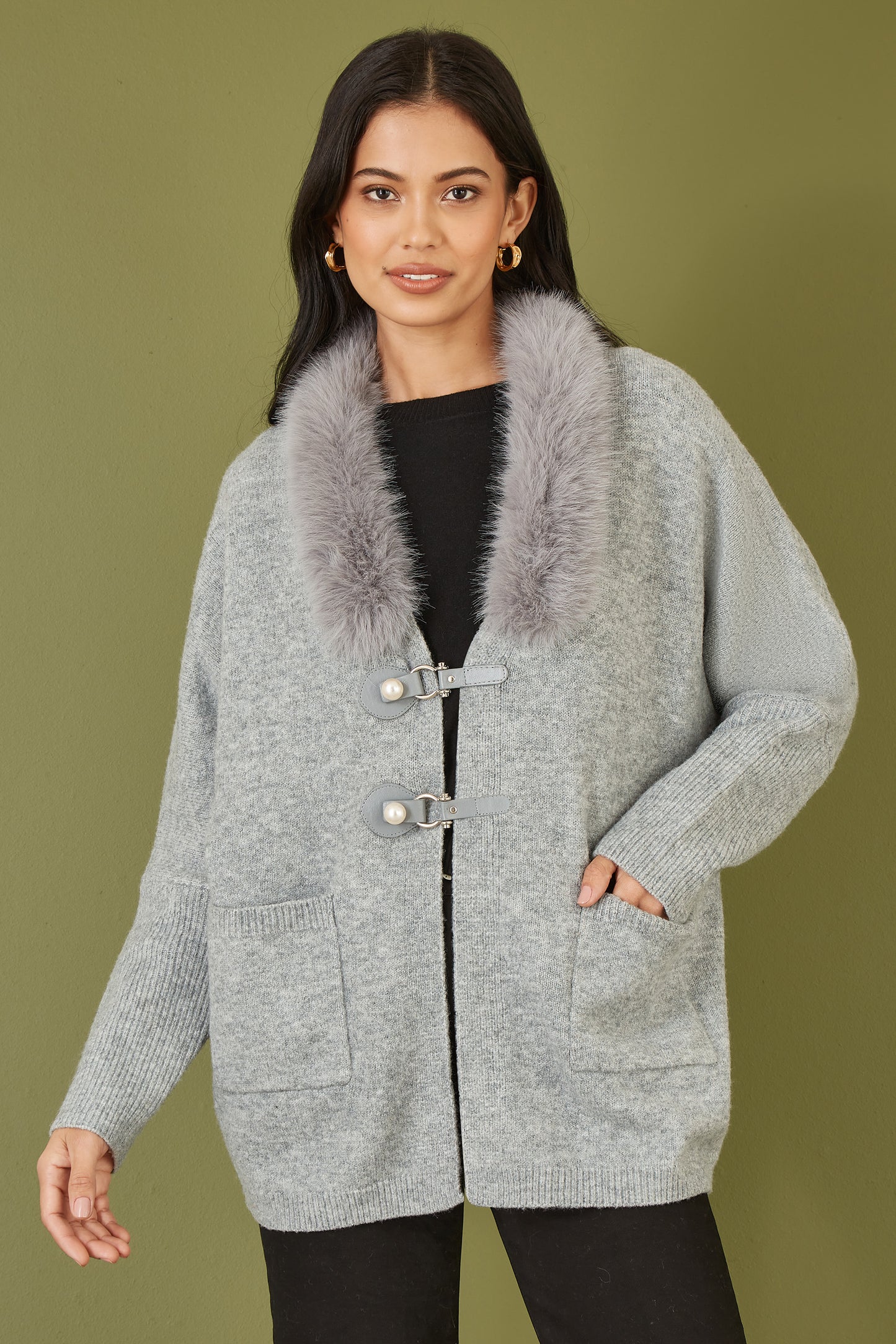 Yumi Grey Cardigan With Detachable Fur Collar Trim Yumi