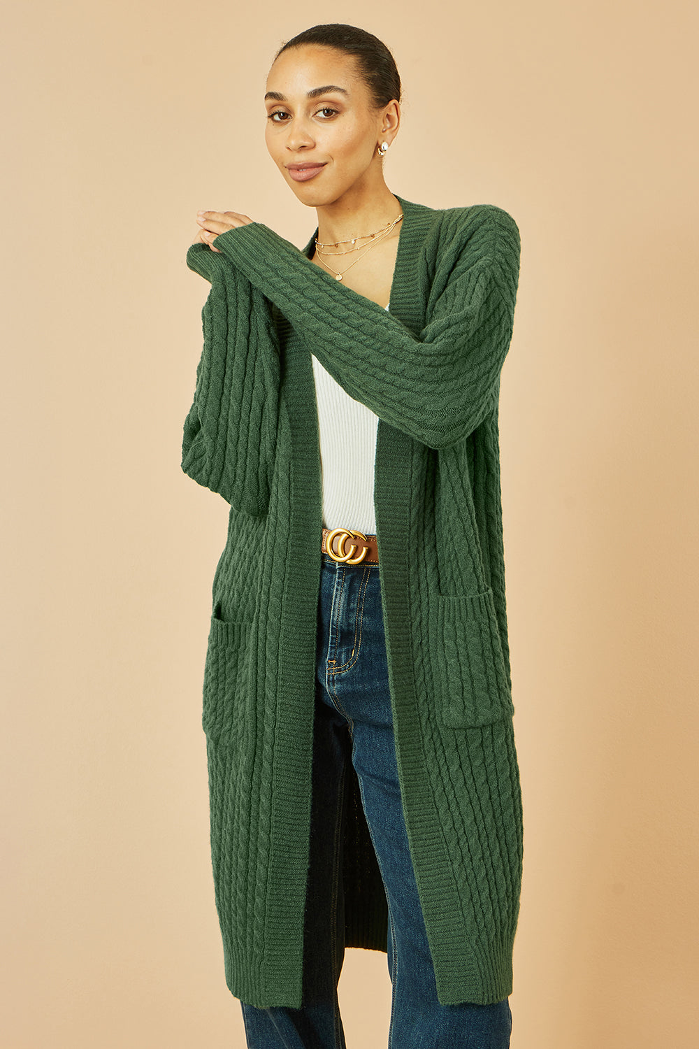 Yumi Green Cable Knit Edge to Edge Long Cardigan With Pockets | Yumi