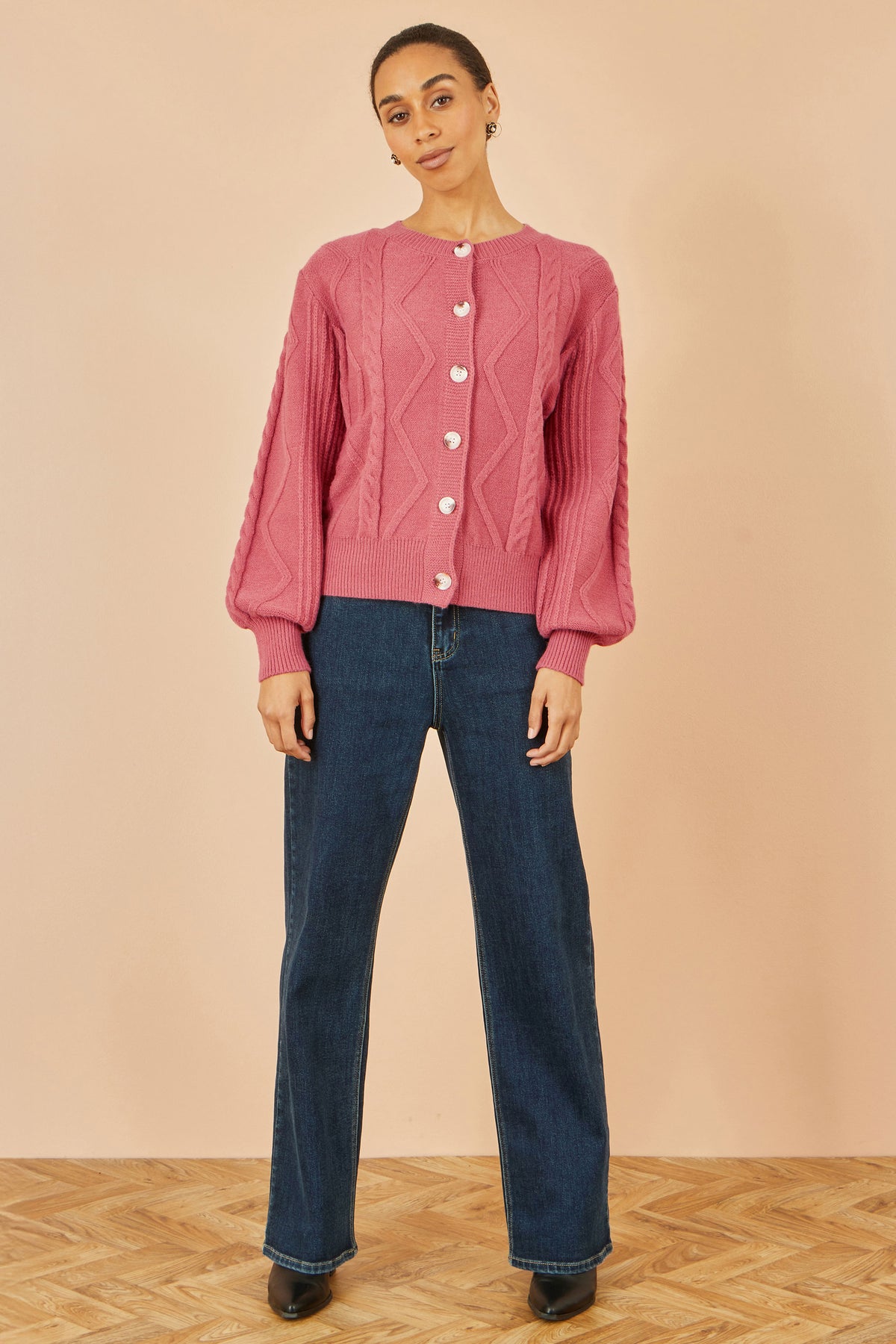 Yumi Pink Relaxed Fit Cable Cardigan Knit Cardigan Yumi