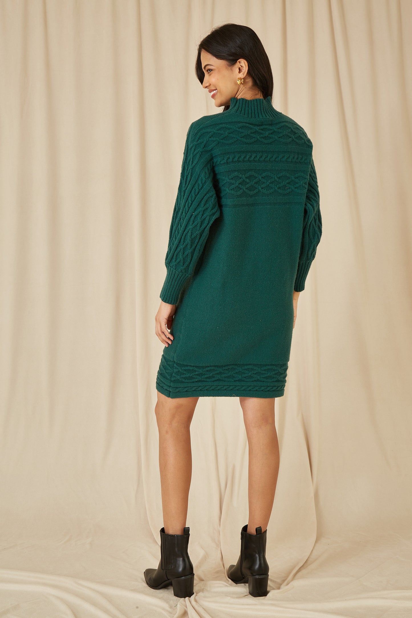 Yumi Green Roll Neck Knitted Dress With Fitted Waist Yumi