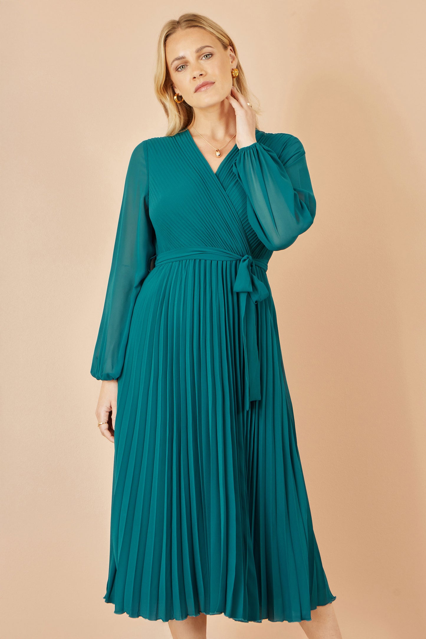 Yumi Teal Pleated Wrap Midi Dress With Sheer Long Sleeves Dress Occasion Yumi