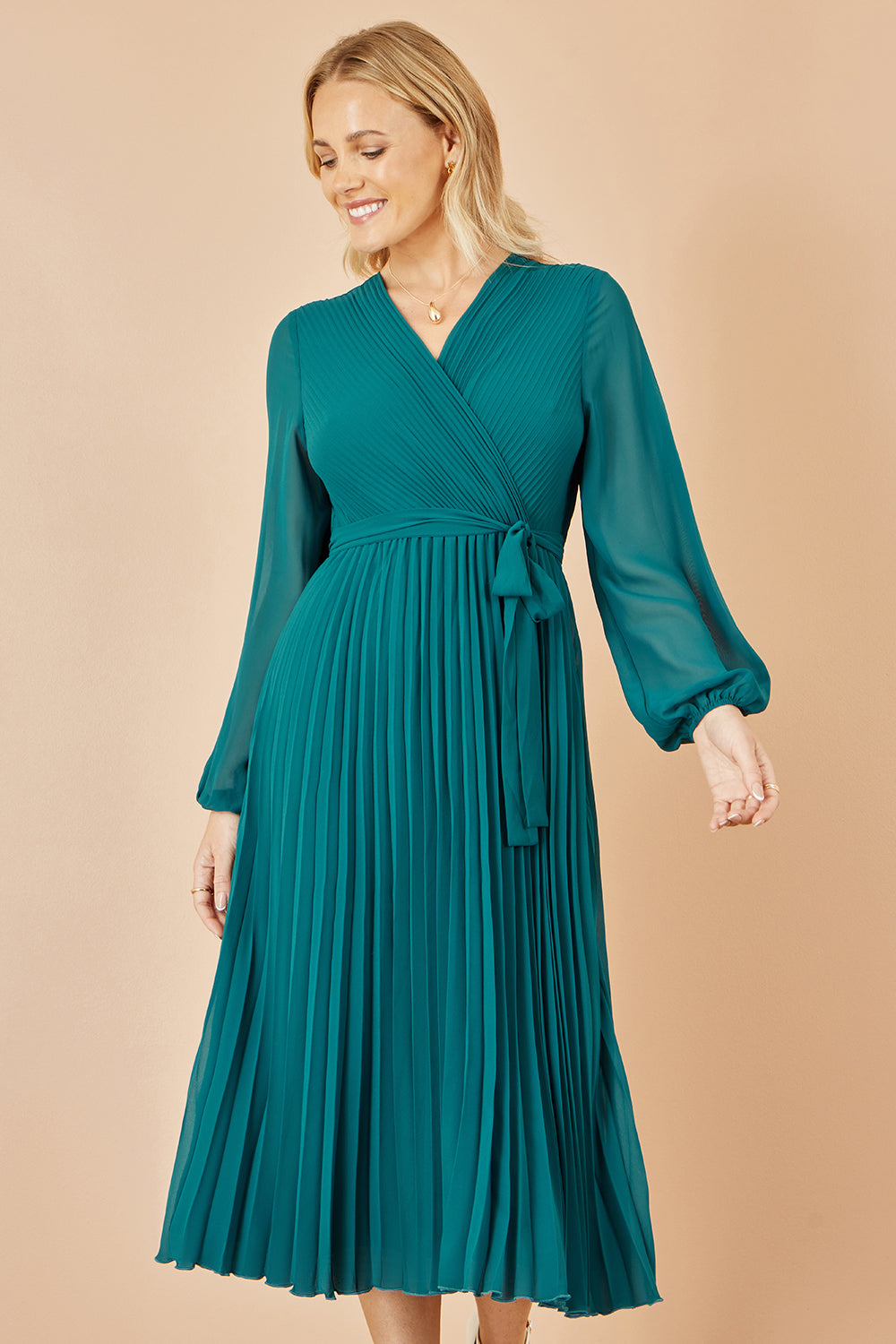 strapless open back dress Yumi Teal Pleated Wrap Midi Dress With Sheer Long Sleeves