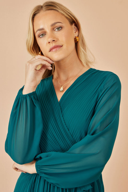 Yumi Teal Pleated Wrap Midi Dress With Sheer Long Sleeves Dress Occasion Yumi