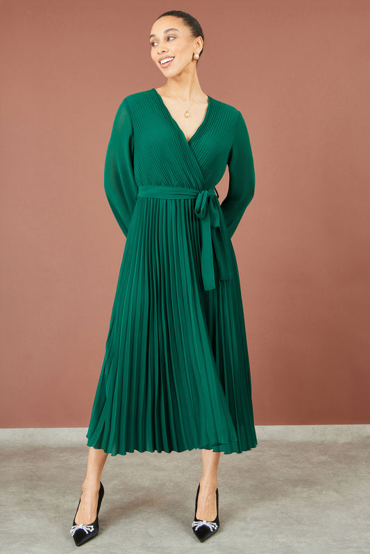 Yumi Green Pleated Wrap Midi Dress Dress Occasion Yumi