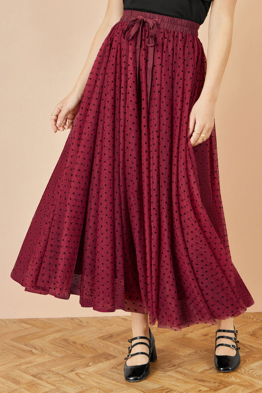 Yumi Burgundy Mesh Heart Print Tulle Skirt Skirts Yumi