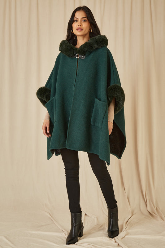 Yumi Green Cape With Luxe Fur Trim And Lining Yumi