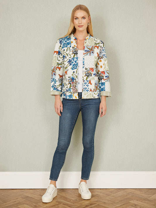 Yumi White Patchwork Print Reversible Cotton Quilted Jacket Yumi