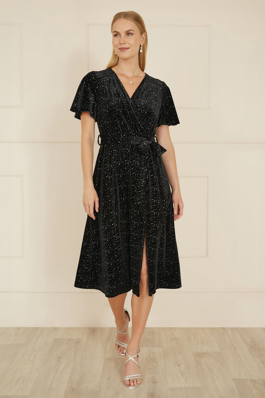 Yumi Black Velvet Sparkle Wrap Midi Dress Yumi