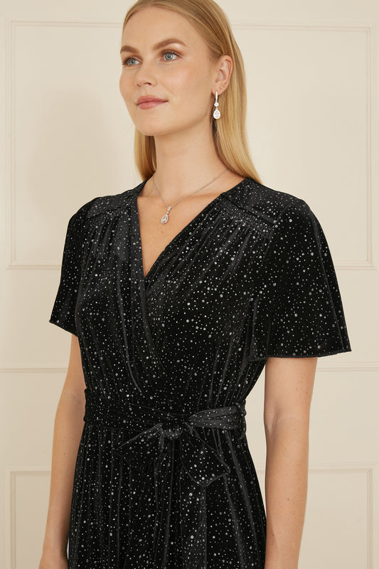 Yumi Black Velvet Sparkle Wrap Midi Dress Yumi