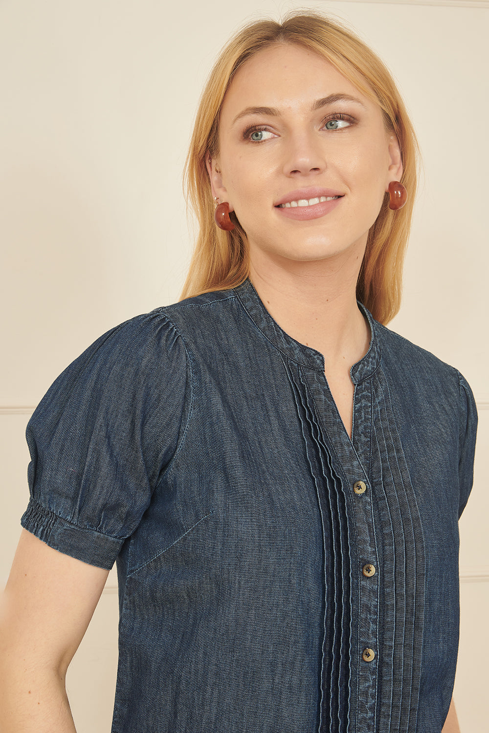 Yumi Blue Chambray Pleated Denim Shirt Top Yumi