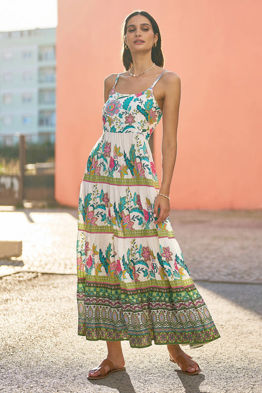 Yumi White Floral Block Print Tiered Maxi Sun Dress Beachwear Yumi