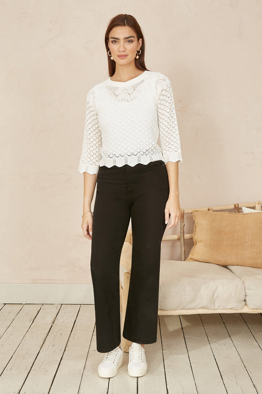 Yumi Ivory Crochet Knitted Top With Scallop Edge Knit Top Yumi