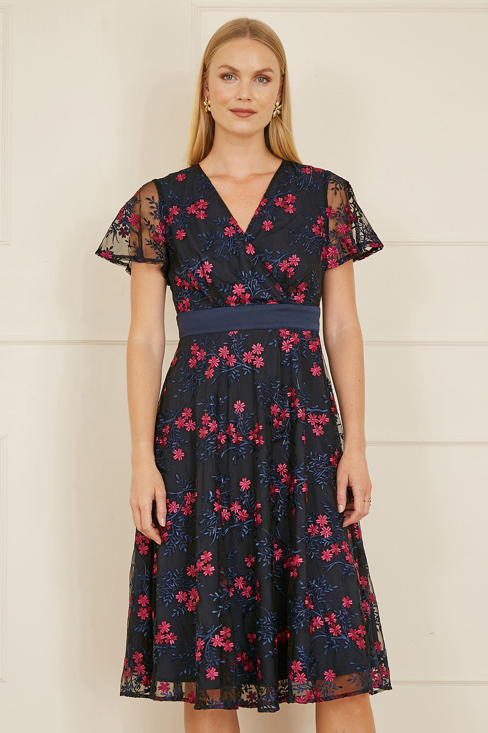 Yumi Navy Embroidered Floral Mesh Wrap Midi Skater Dress | Yumi Yumi Navy Embroidered Floral Mesh Wrap Midi Skater Dress | Yumi