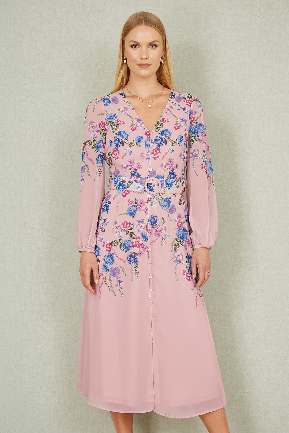 long sleeve floral midi dress uk Yumi Pink Floral Placement Button Down Midi Dress With Long Sleeves