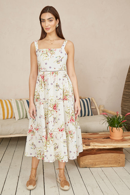 Yumi White Floral Broderie Anglaise Midi Sun Dress DRES Day Yumi