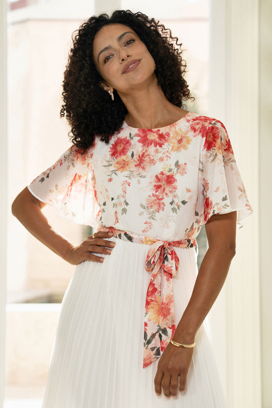 Yumi White Mirror Floral Design Pleated Midi Dress Dress Occasion Yumi