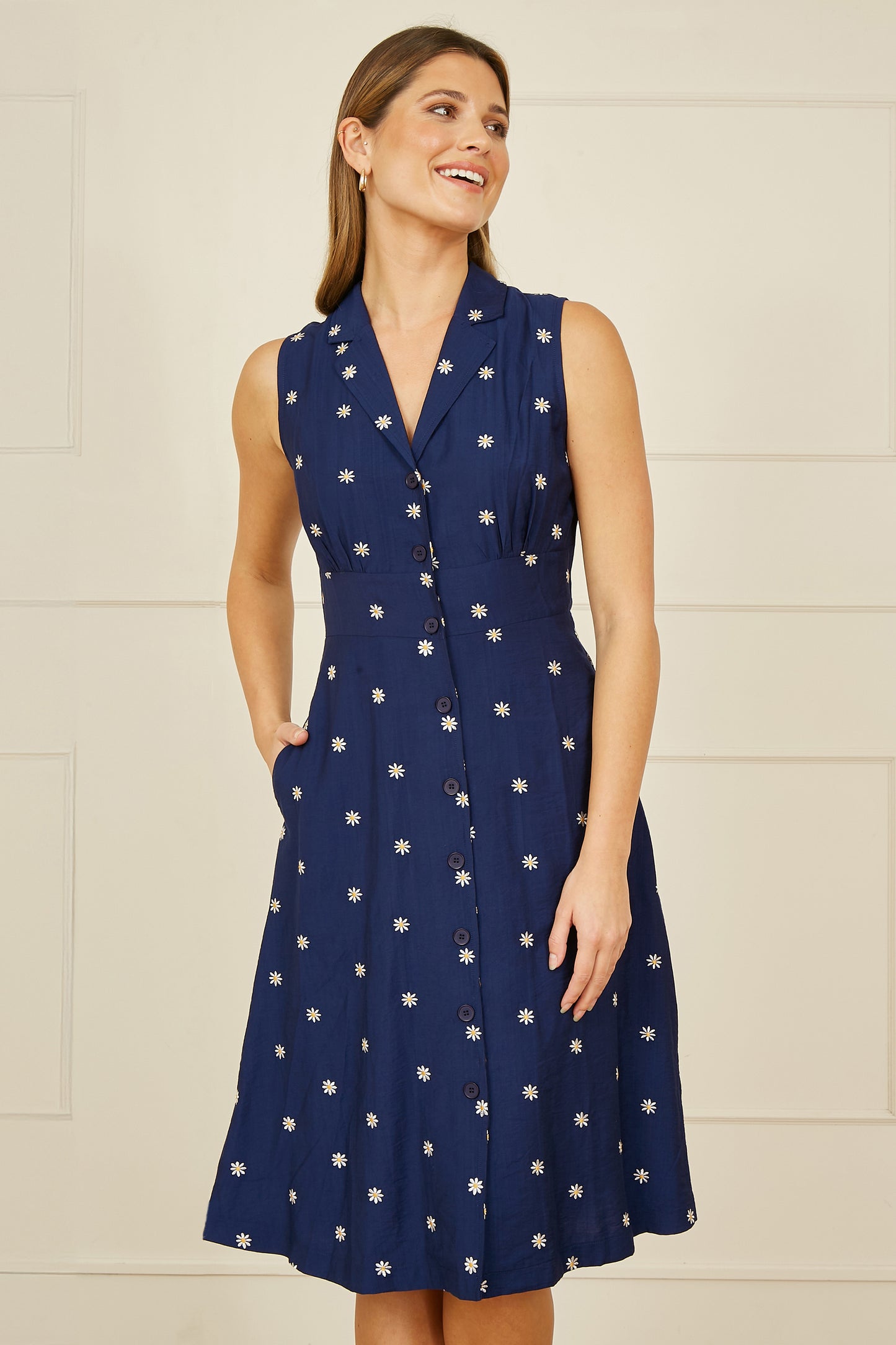 Yumi Navy Daisy Print Embroidered Sleeveless Shirt Dress DRES Day Yumi