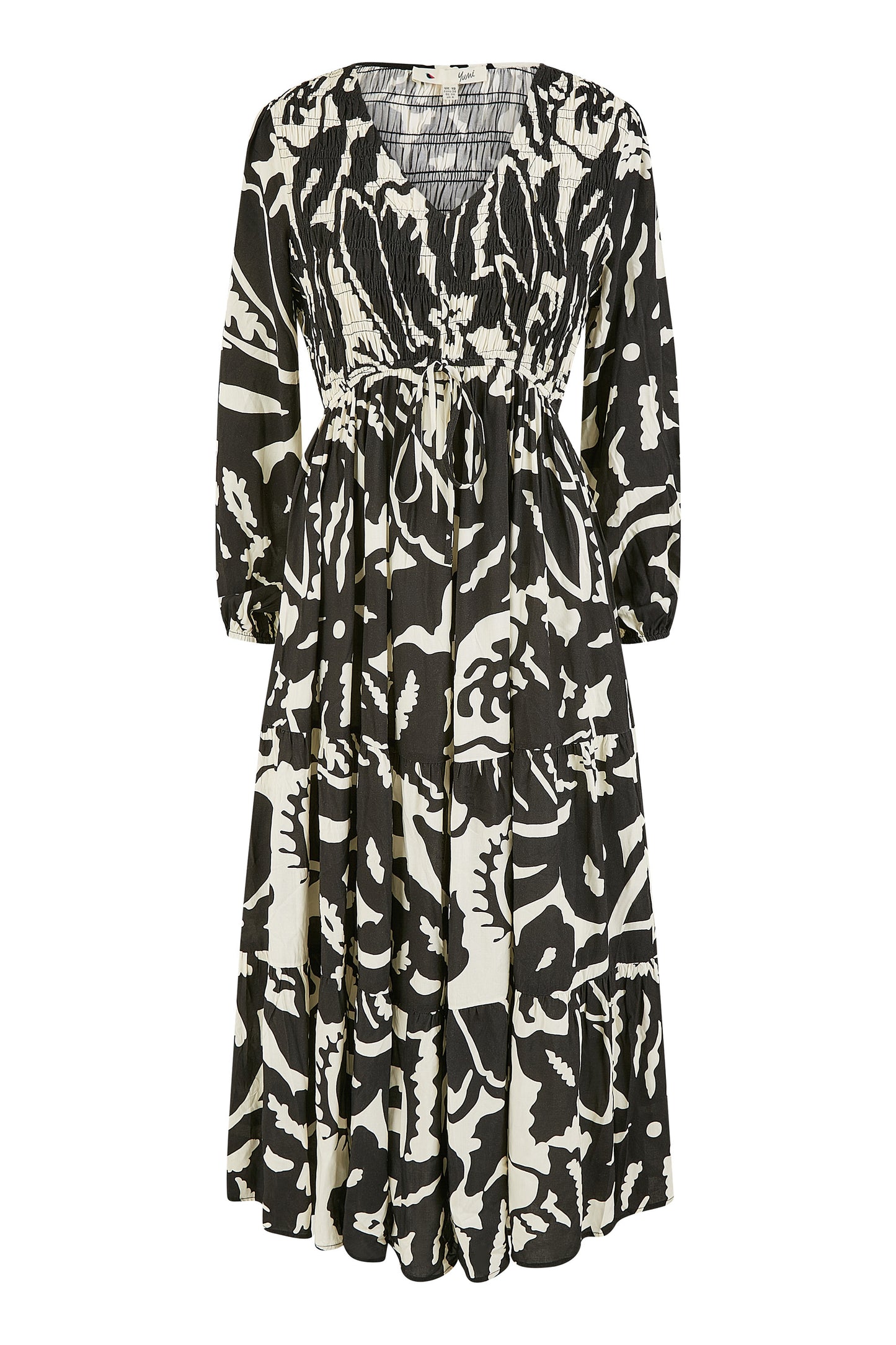 Yumi Black Abstract Print Ruched Midi Dress With Long Sleeves DRES Day Yumi