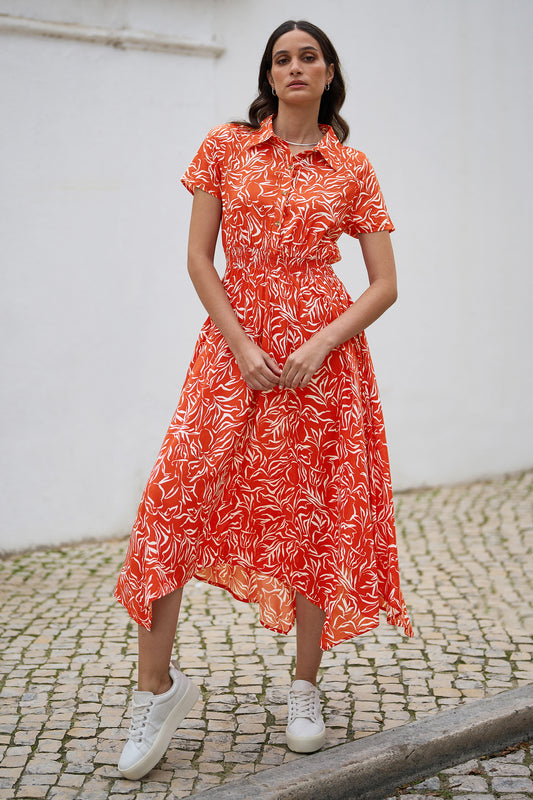 Yumi Coral Tropical Leaf print Midi Ruched Shirt Dress DRES Day Yumi