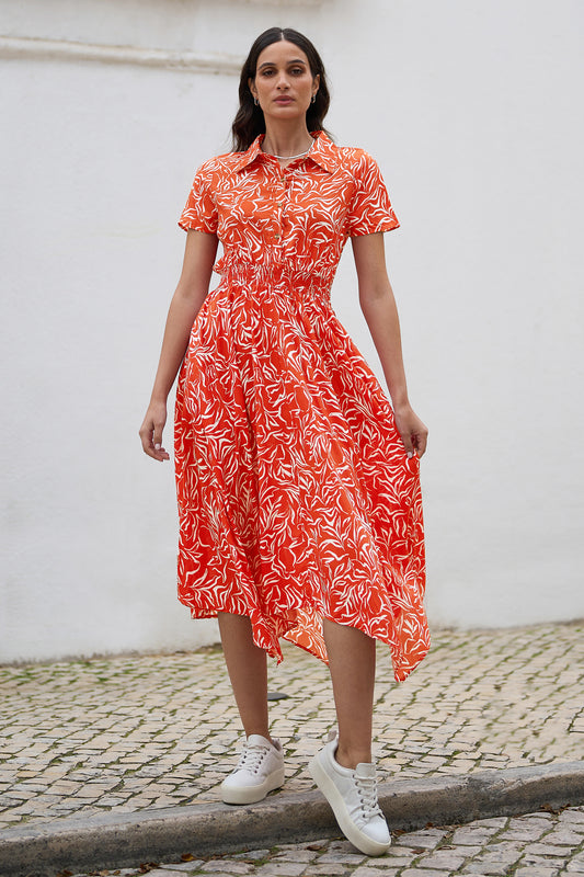 Yumi Coral Tropical Leaf print Midi Ruched Shirt Dress DRES Day Yumi