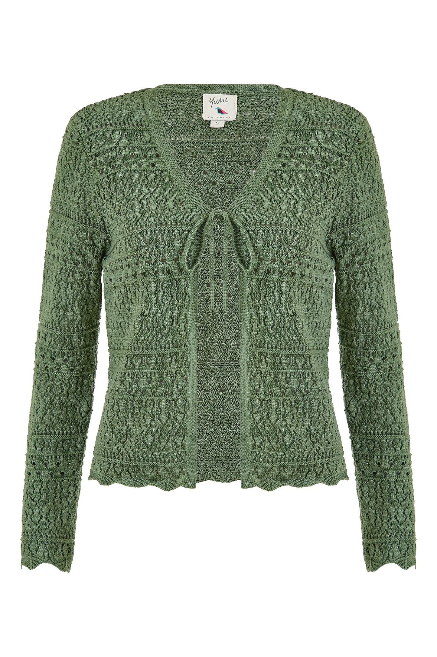 Yumi Green Crochet Tie Front Cardigan KNIT Cardi Yumi