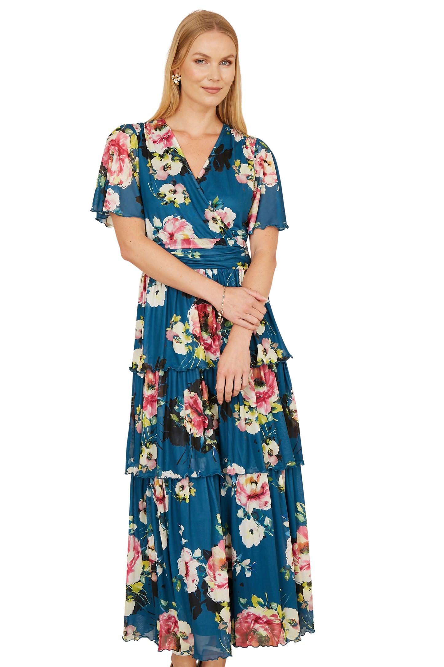 Yumi Green Floral Mesh Tiered Maxi Dress Occasionwear Yumi