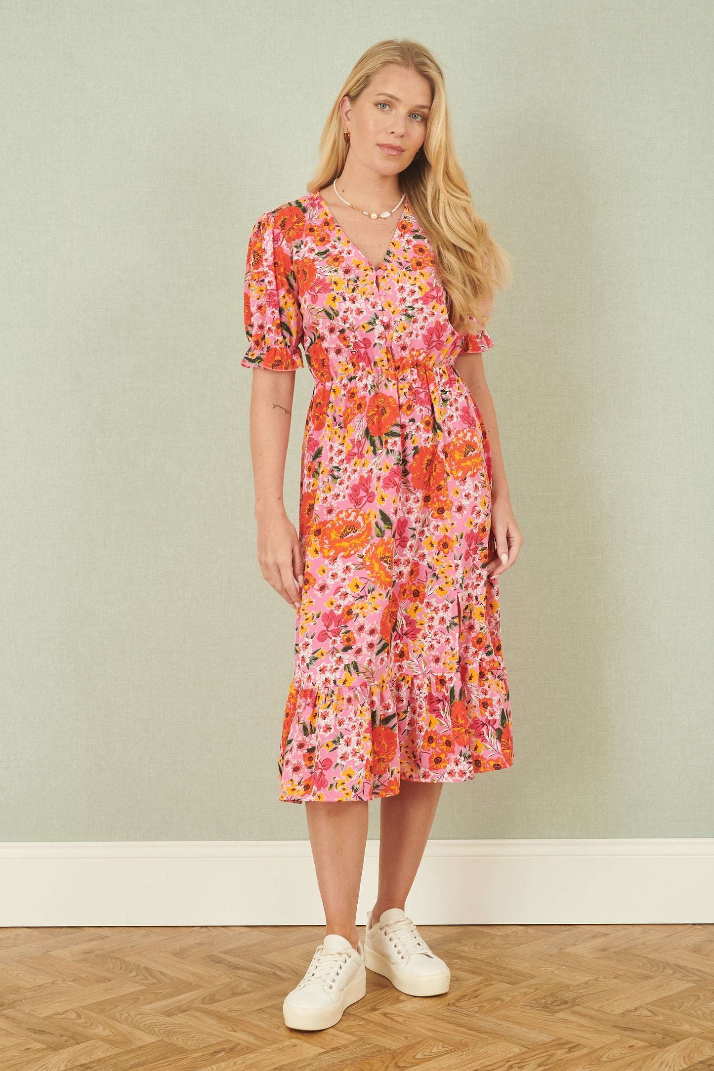 Yumi Pink Floral Midi Dress With Frill Hem and Puff Sleeves DRES Day Yumi