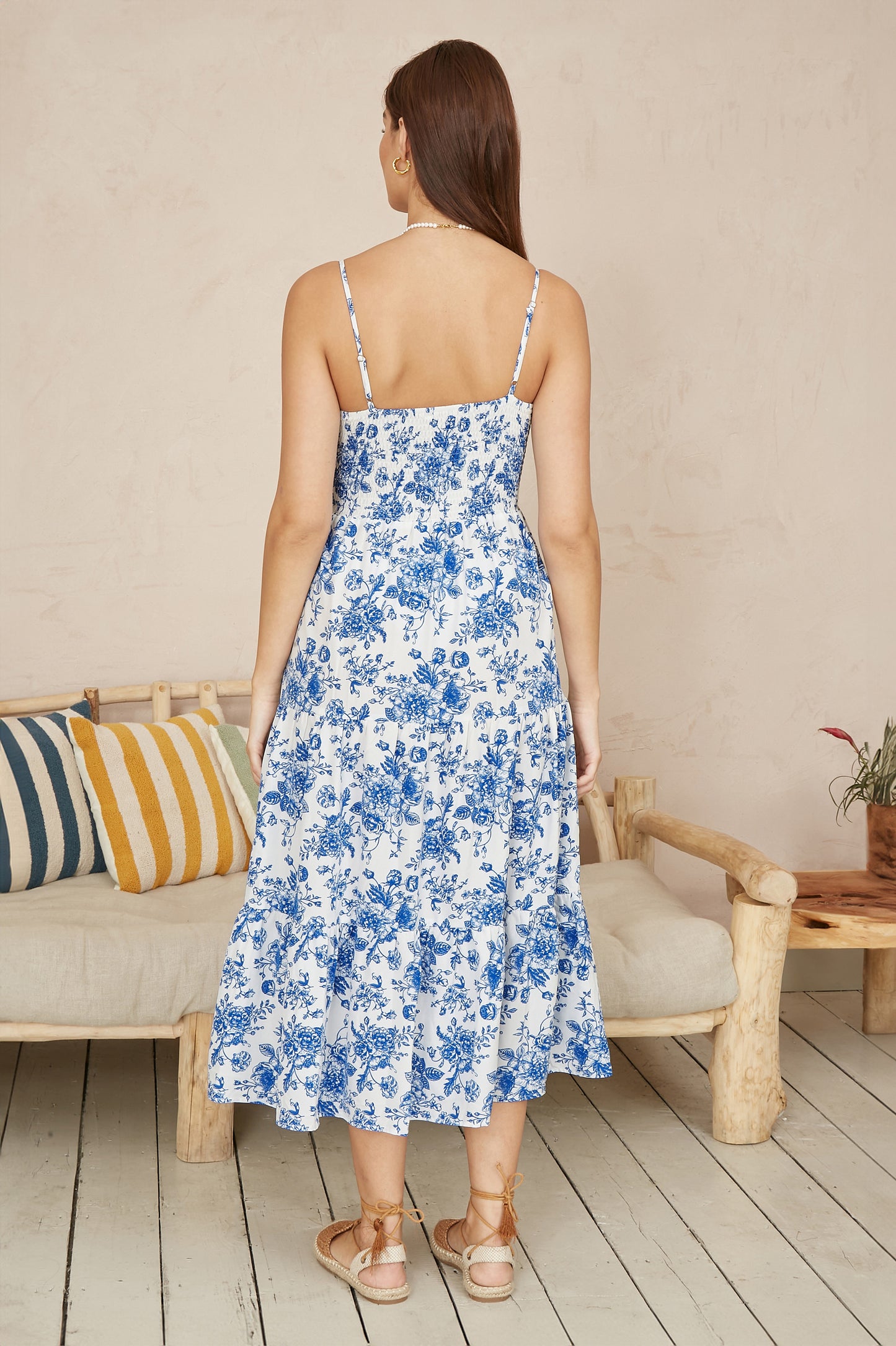Yumi Blue Floral Strappy Midi Dress With Front Tie Beachwear Yumi