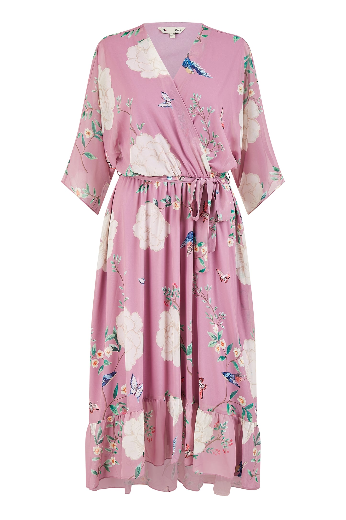 Yumi Pink Bird and Floral Print Midi Wrap Dress Occasionwear Yumi