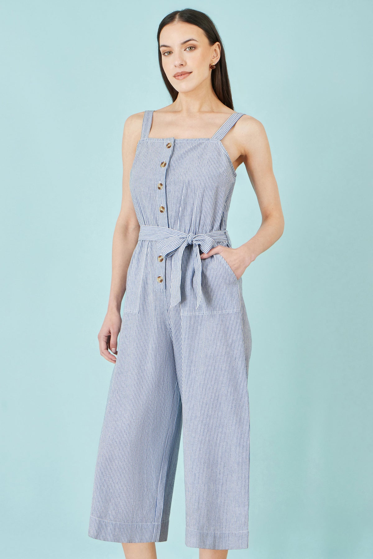 Yumi Blue Cotton Stripe Button Through Jumpsuit JUMPSUIT Yumi