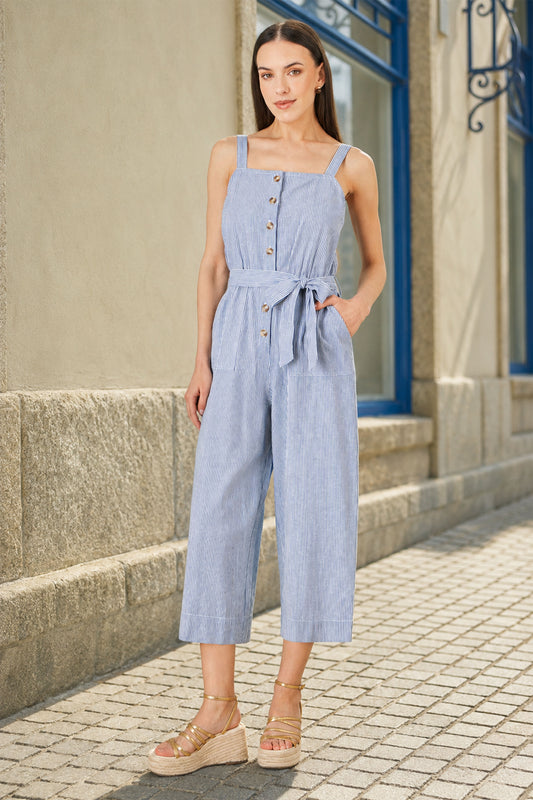 Yumi Blue Cotton Stripe Button Through Jumpsuit JUMPSUIT Yumi