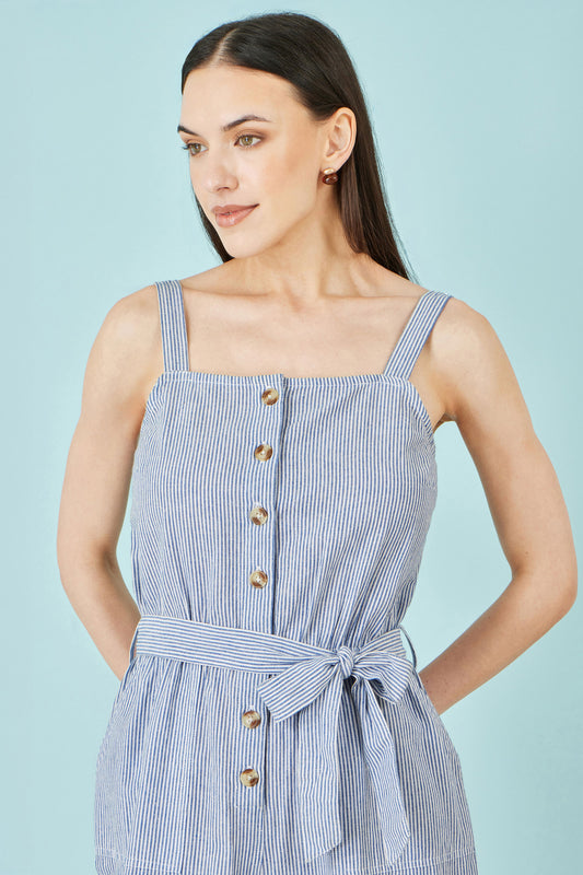 Yumi Blue Cotton Stripe Button Through Jumpsuit JUMPSUIT Yumi