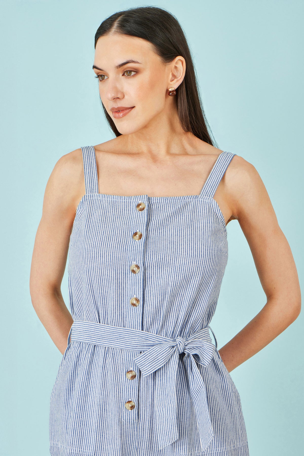 Yumi Blue Cotton Stripe Button Through Jumpsuit JUMPSUIT Yumi