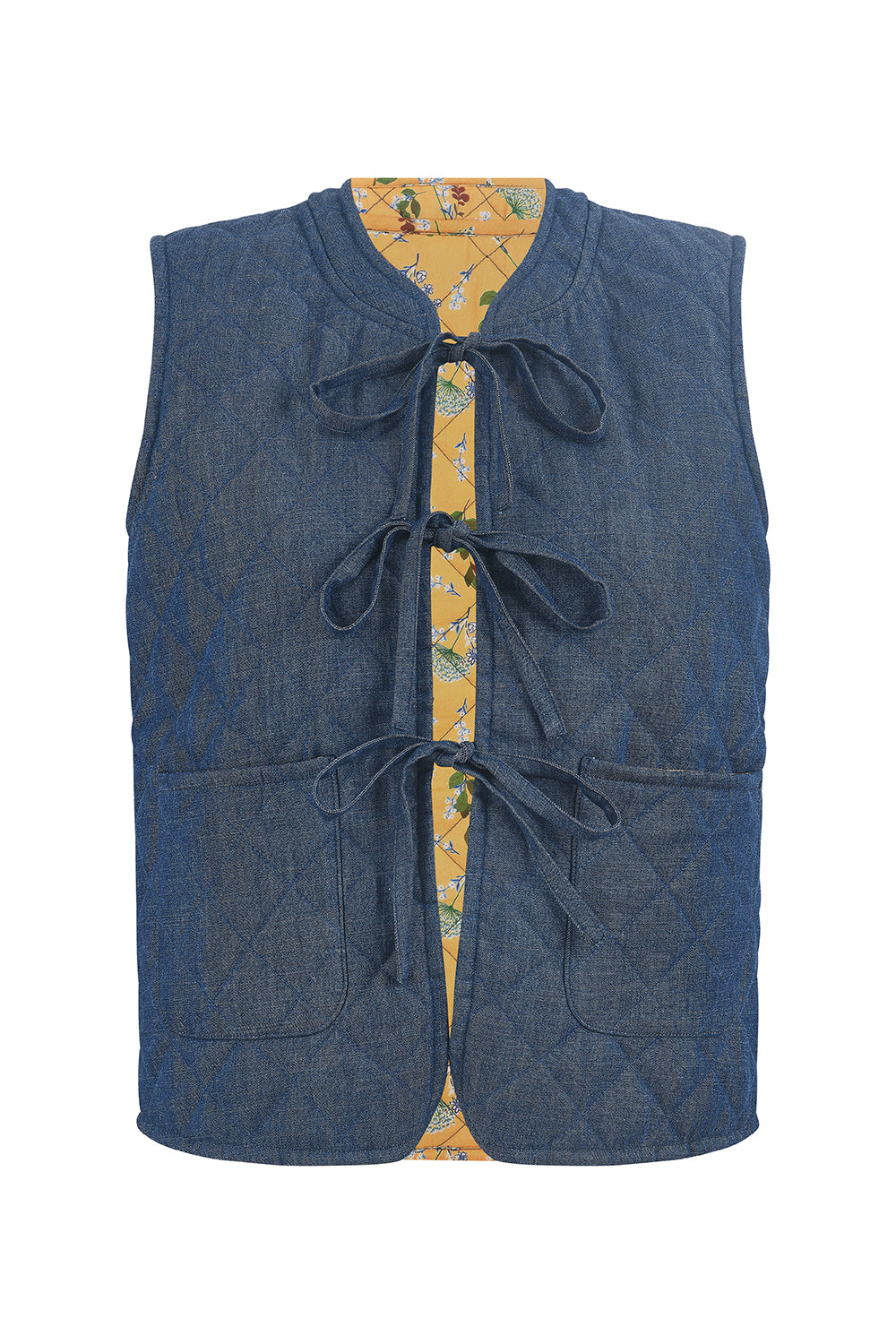 Yumi Blue Chambray Cotton Quilted Reversible Vest WAISTCOAT Yumi
