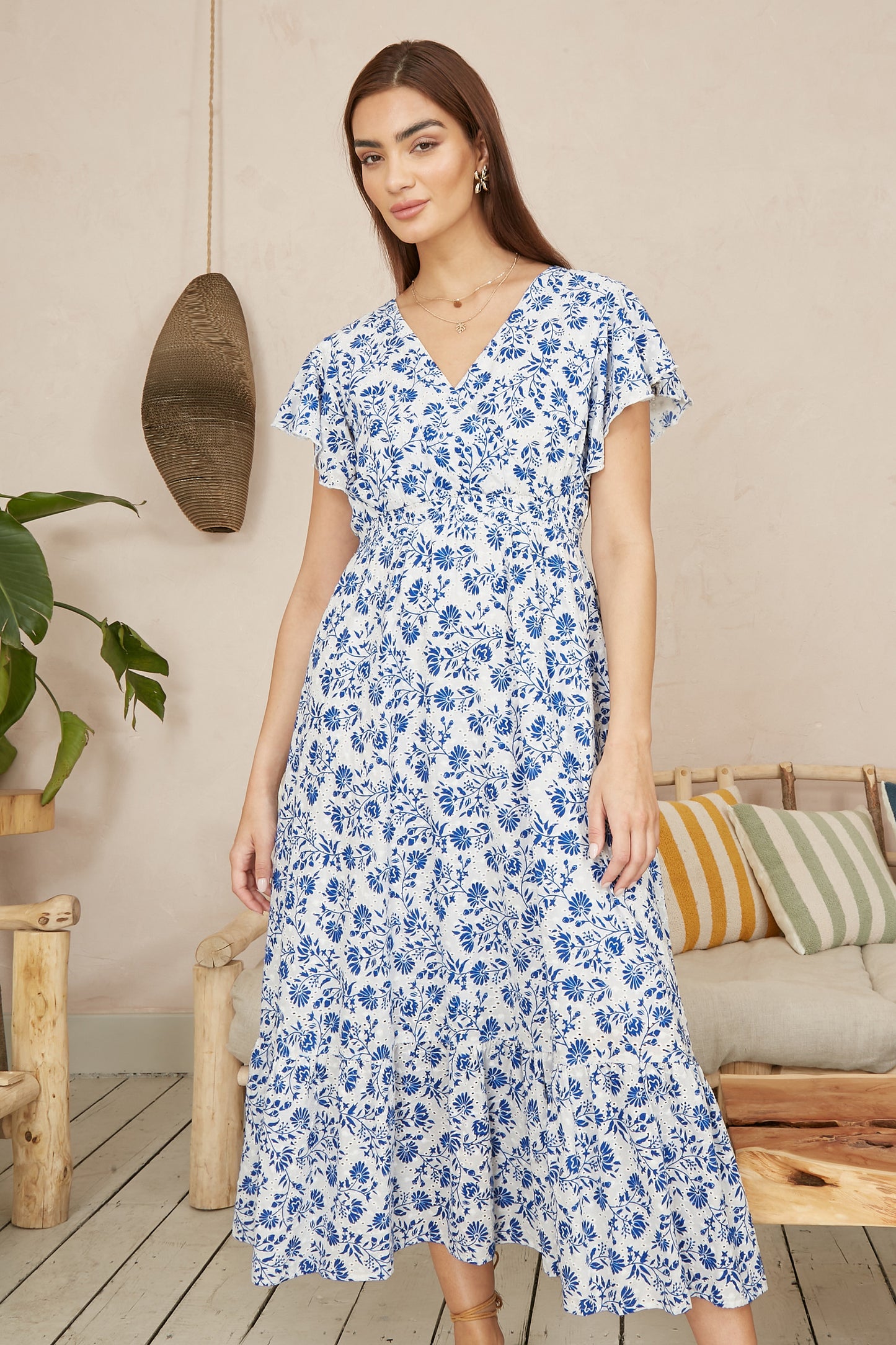 Yumi Blue Floral Printed Broderie Anglaise Ruched Waist Midi Dress DRES Day Yumi