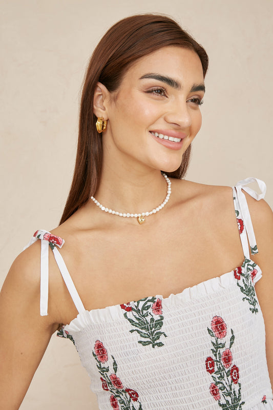 Yumi White Floral Printed Smocked Midi Dress Beachwear Yumi