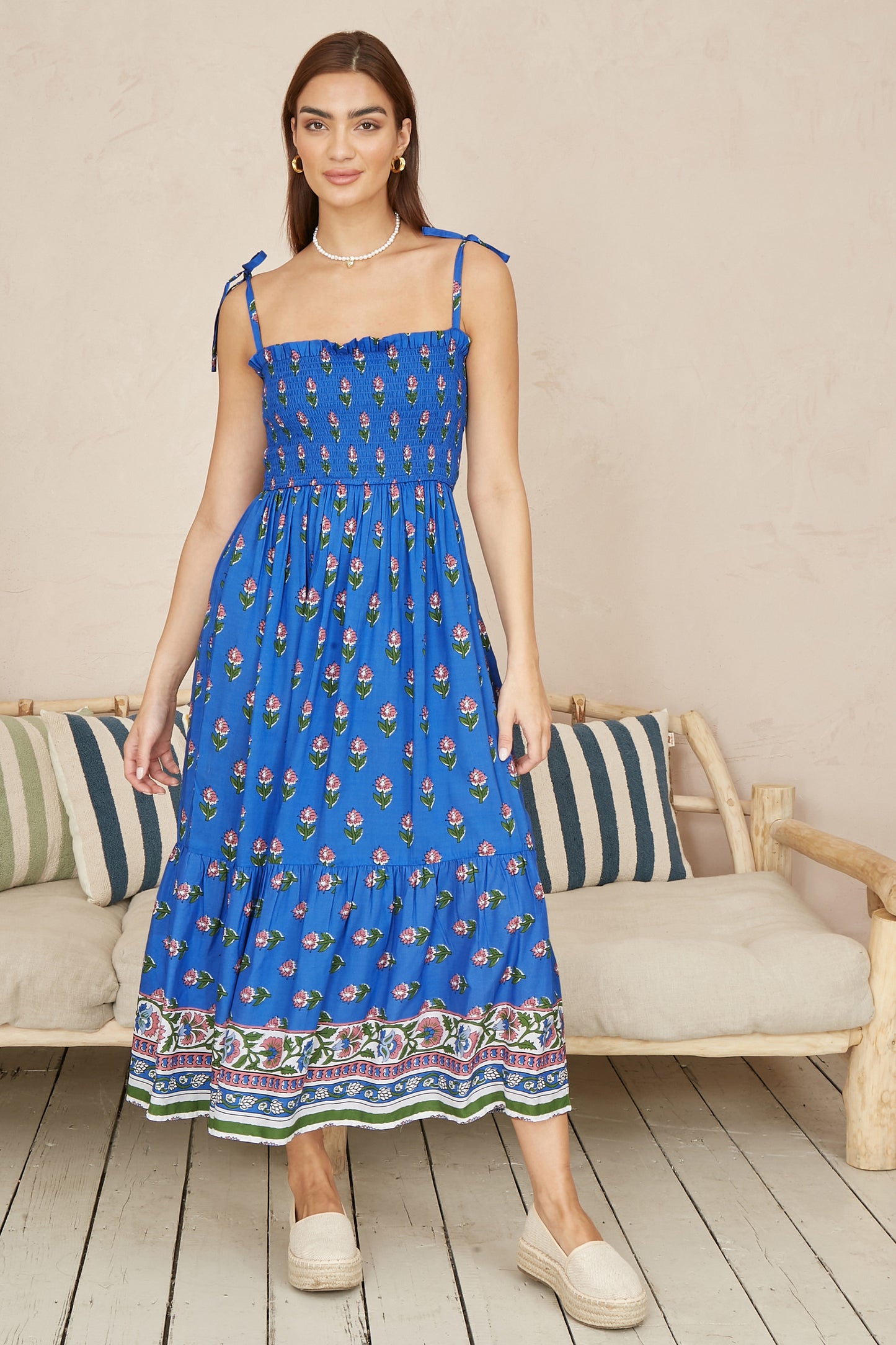 Yumi Blue Strappy Paisley Print Midi Dress With Ruched Bodice Beachwear Yumi