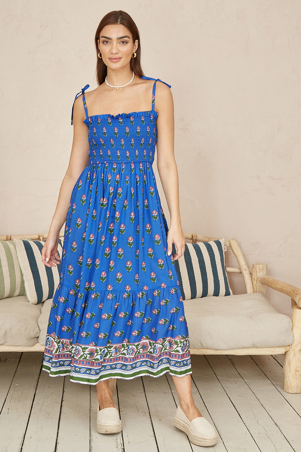 Yumi Blue Strappy Paisley Print Midi Dress With Ruched Bodice Beachwear Yumi