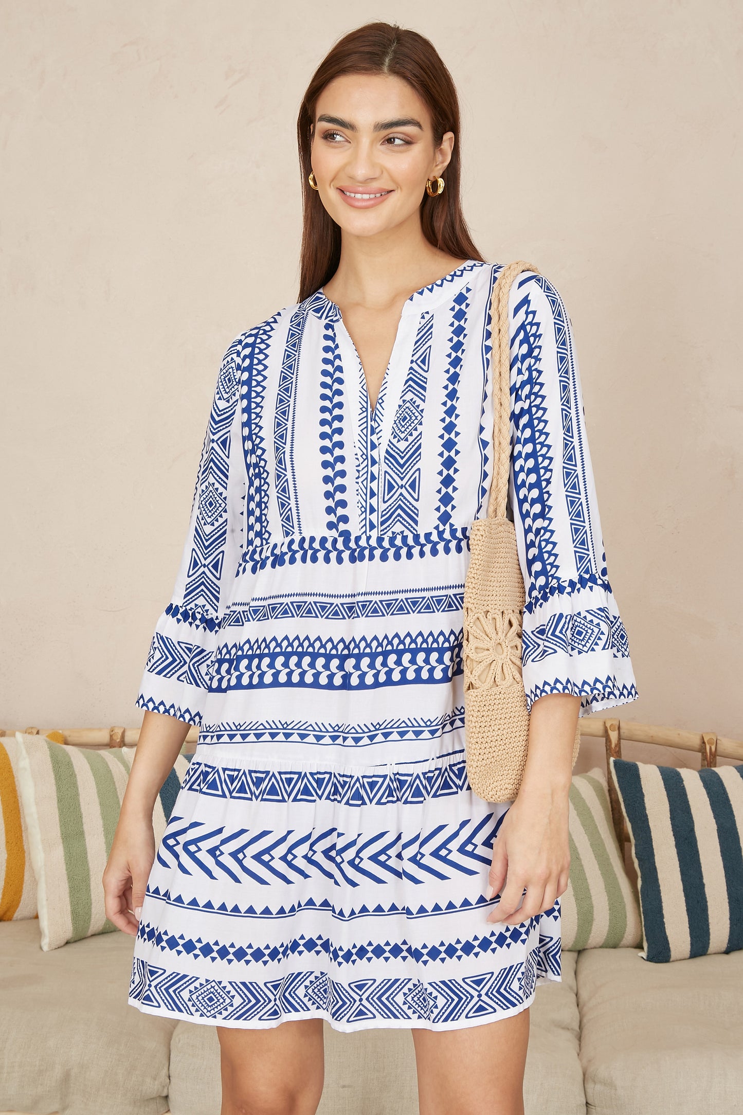 Yumi Blue Geo Stripe Print Beach Tunic Beachwear Yumi