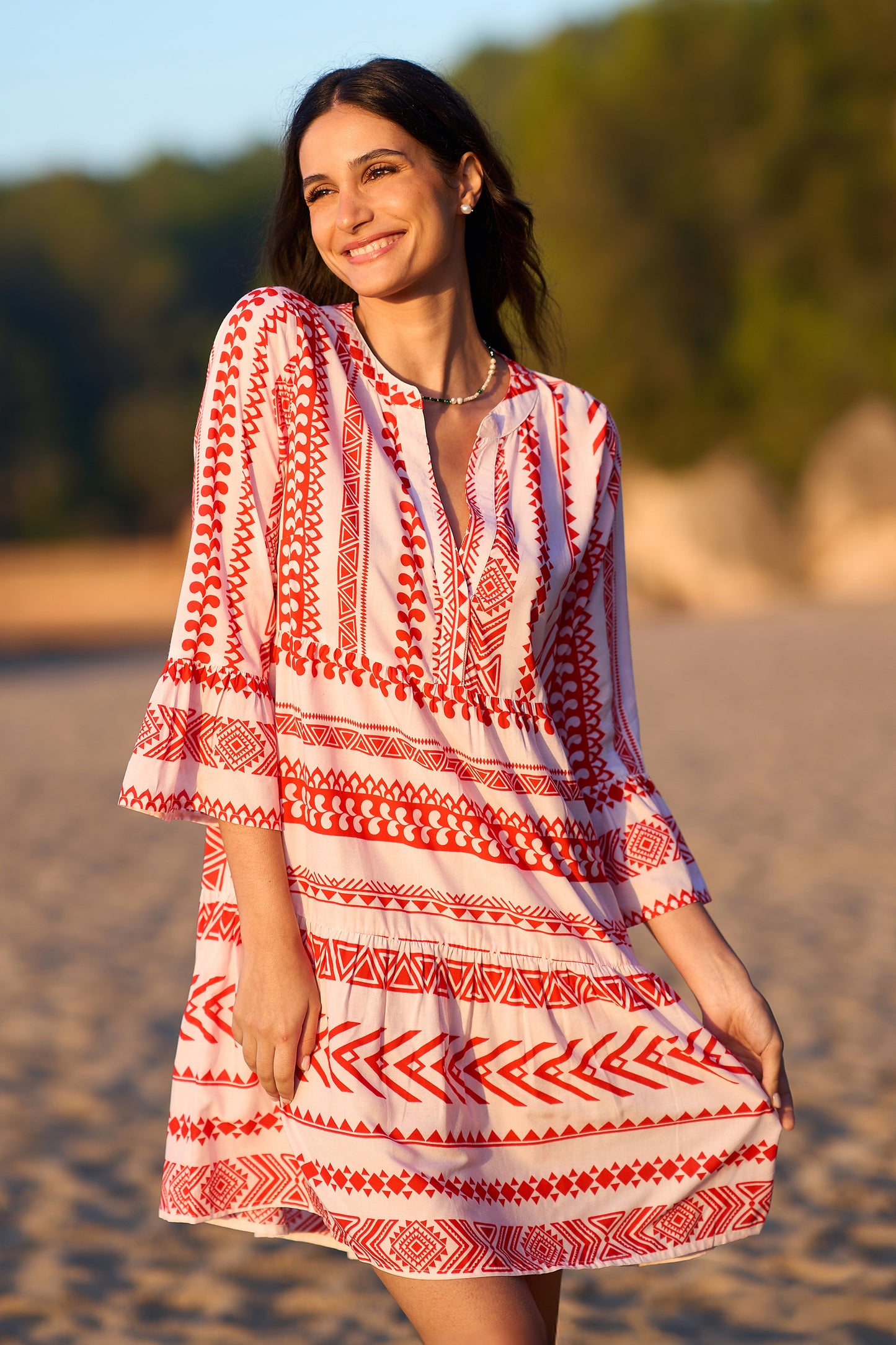 Yumi Coral Geo Stripe Print Beach Tunic Beachwear Yumi