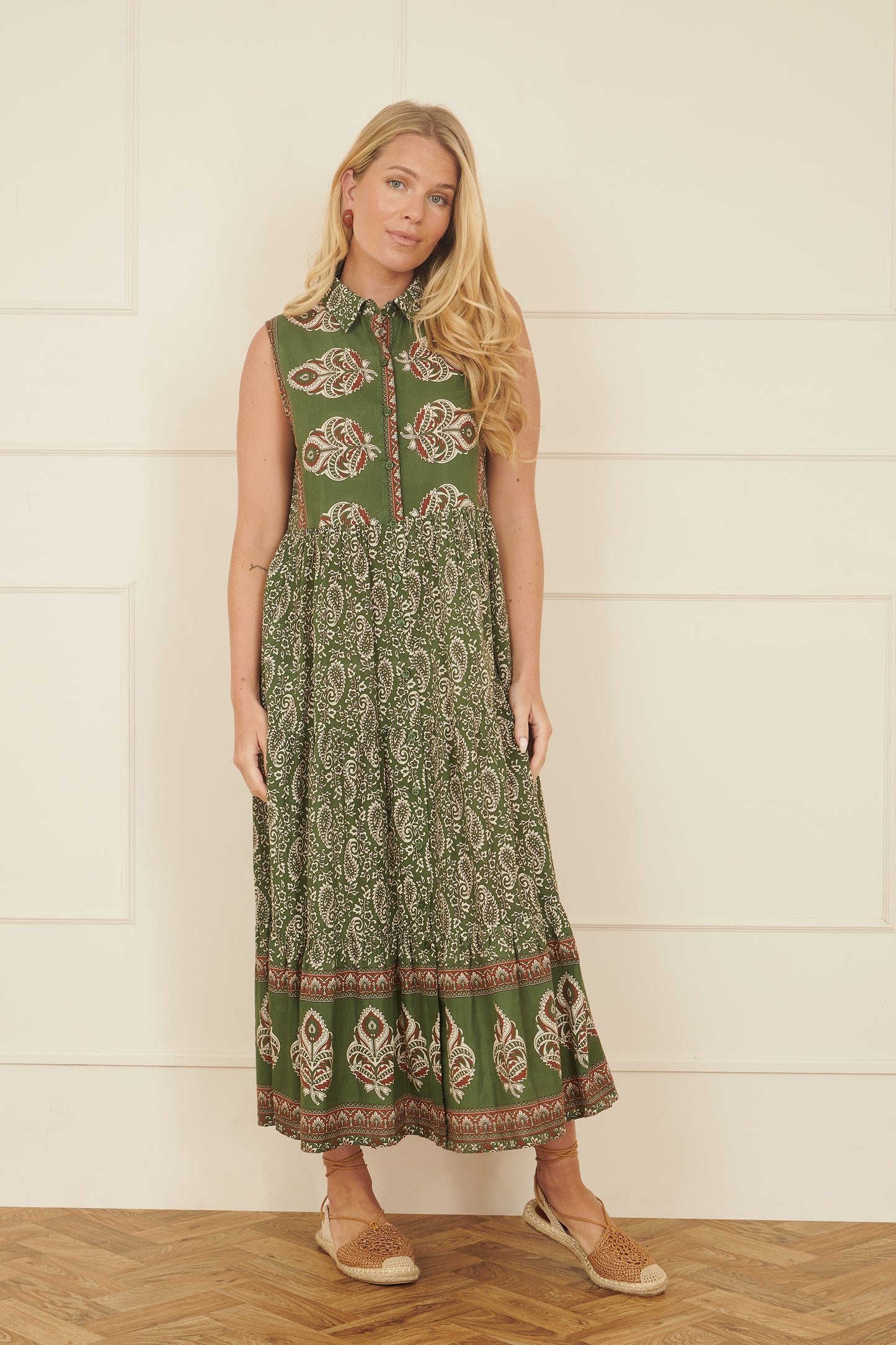 Yumi Green Cotton Paisley Midi Sleeveless Shirt Dress DRES Day Yumi