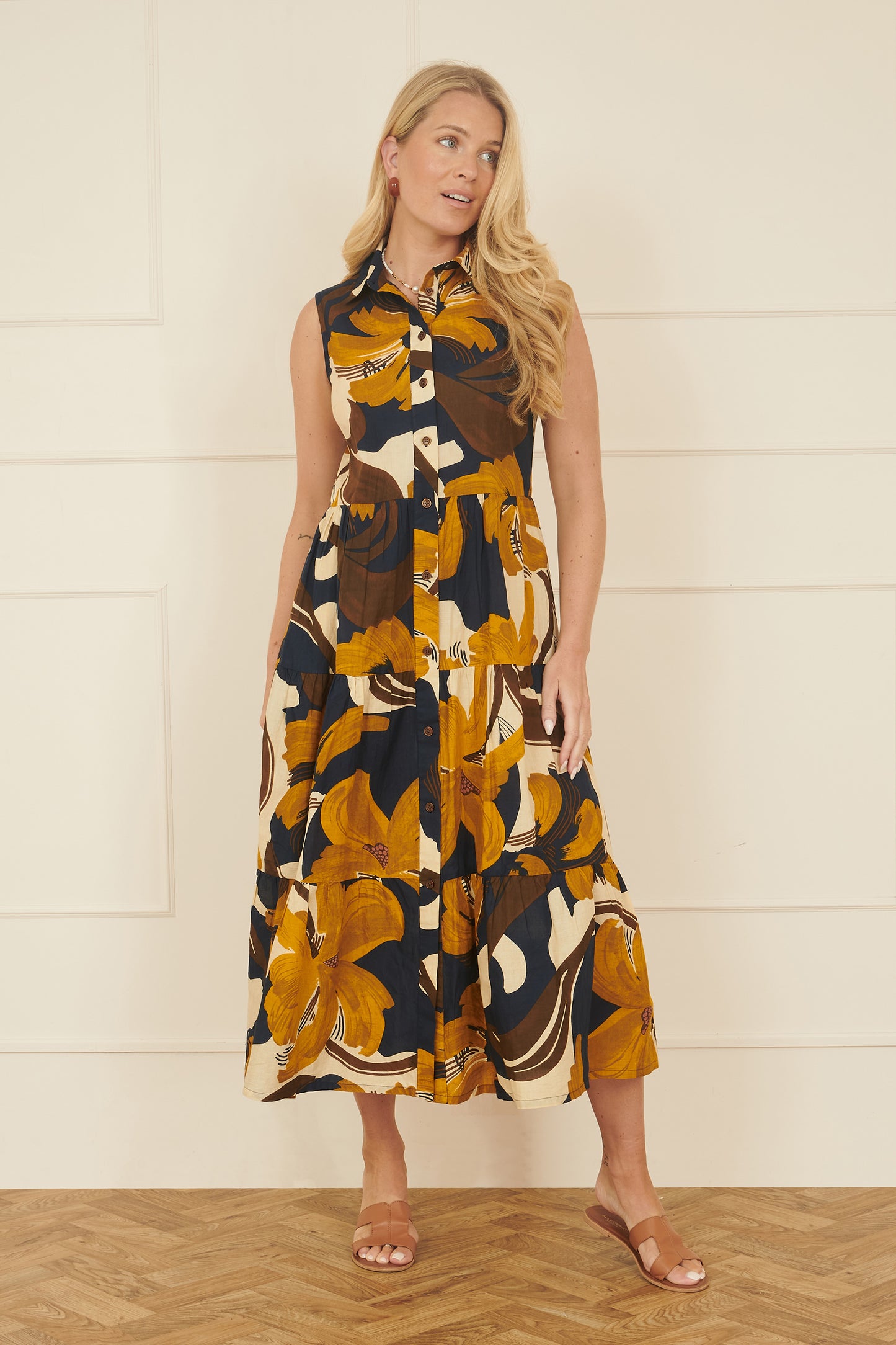 Yumi Navy Cotton Leaf Midi Sleeveless Shirt Dress DRES Day Yumi