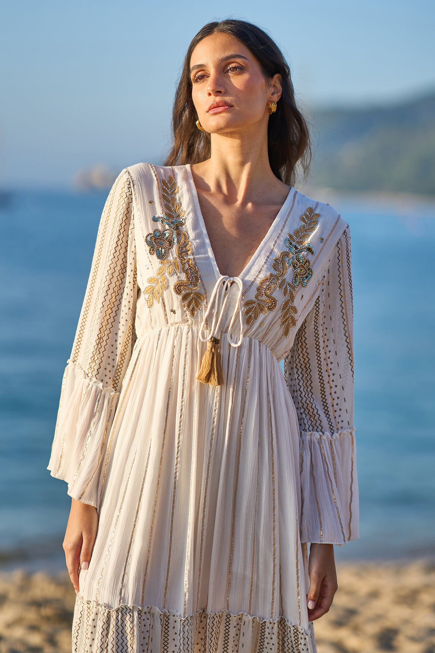 Yumi White Metallic Embellished Maxi Dress With Long Sleeves Beachwear Yumi